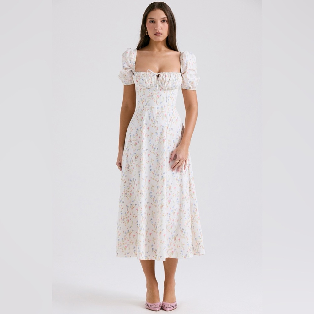 House of Cb TALLULAH White Posy Print Cotton Puff Sleeve Midi Sundress in L+